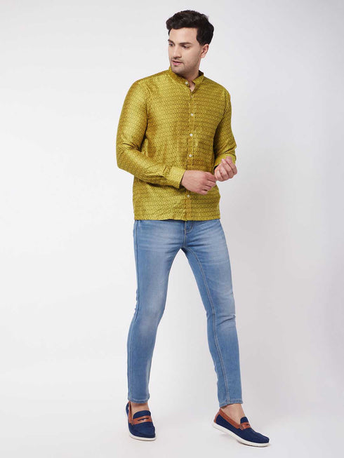 Men's Yellow Silk Blend Ethnic Shirt